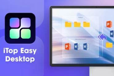 Screenshot of the iTop Easy Desktop software interface, showing organized folders and files on a simulated desktop.