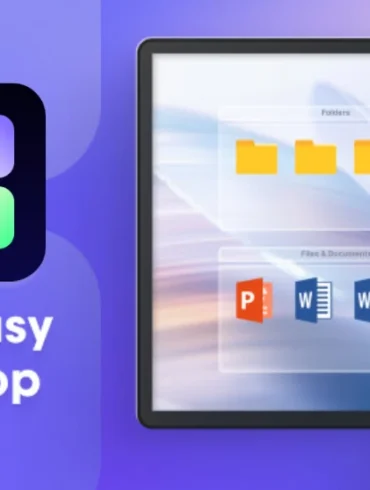 Screenshot of the iTop Easy Desktop software interface, showing organized folders and files on a simulated desktop.