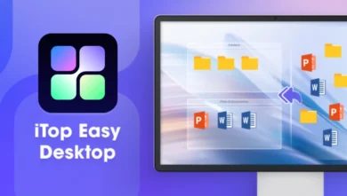 Screenshot of the iTop Easy Desktop software interface, showing organized folders and files on a simulated desktop.
