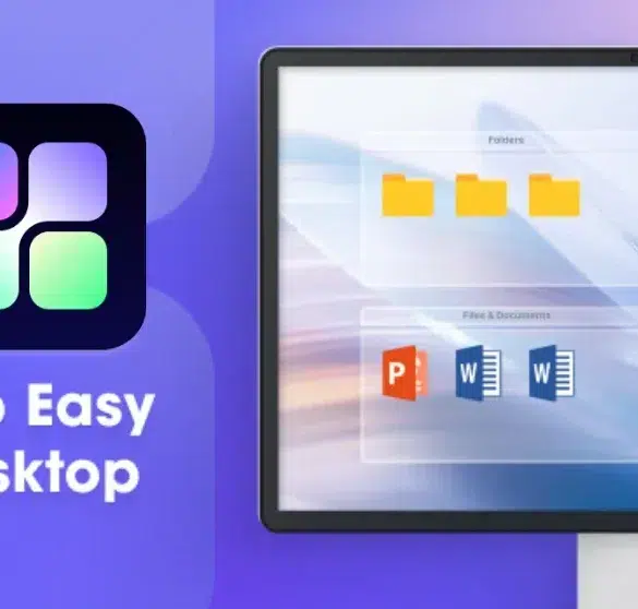 Screenshot of the iTop Easy Desktop software interface, showing organized folders and files on a simulated desktop.