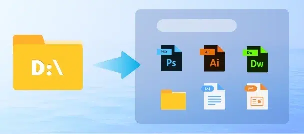 Yellow folder labeled "D:" transfers files like Photoshop, Illustrator, Dreamweaver, Word, and a presentation file into a digital interface.
