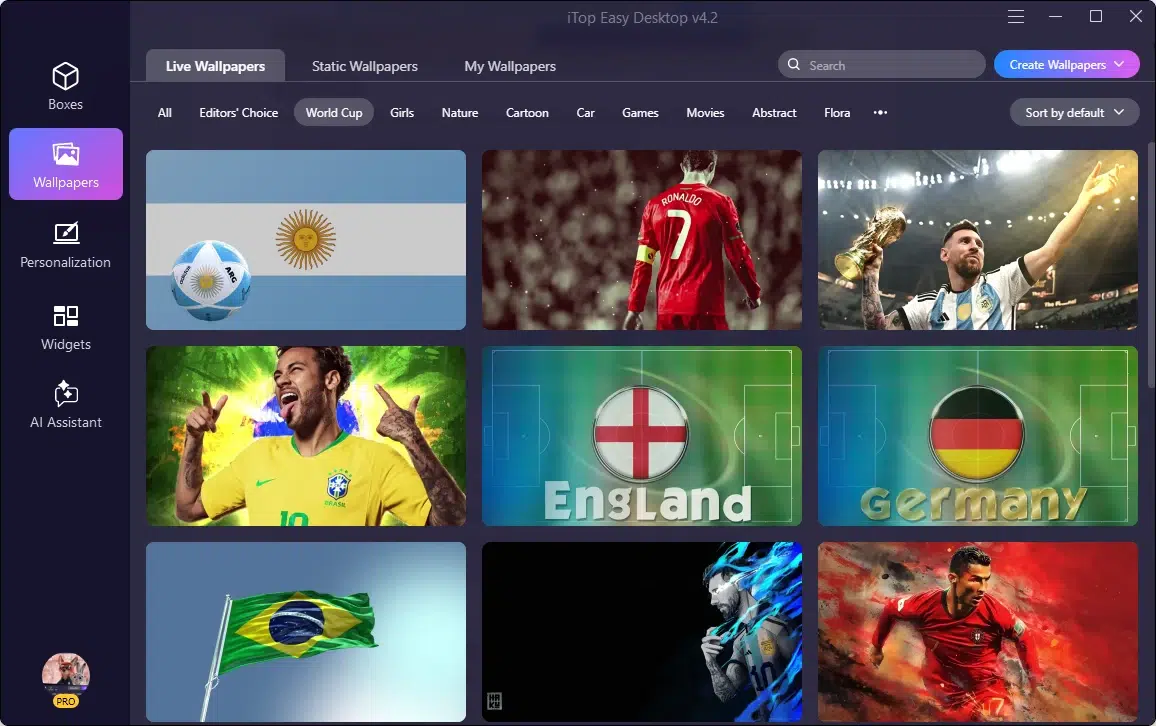 Screenshot of a desktop application showing a gallery of live wallpapers, featuring football players and national flags.