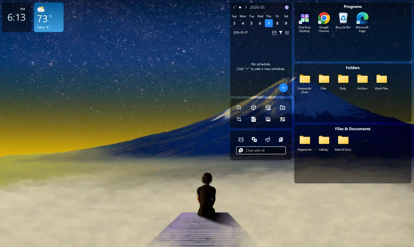 Desktop with a starry night sky wallpaper, a person sitting on a pier, and various Windows 11 widgets and icons.