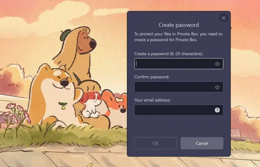 Pop-up window for creating a password for Private Box, with input fields for password, confirmation, and email, overlaid on a cartoon illustration of dogs.