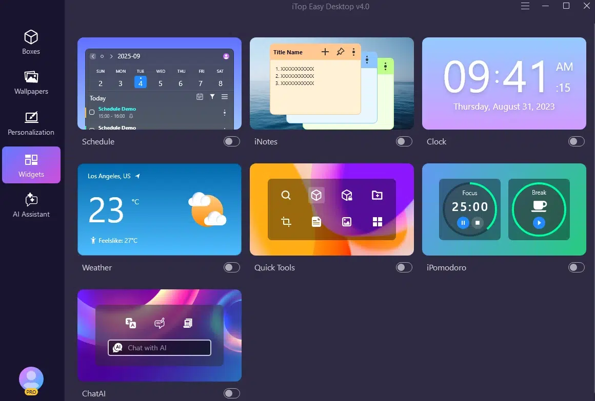 iTop Easy Desktop v4.0 displays various widgets including a calendar, notes, clock, weather, quick tools, iPomodoro timer, and ChatAI.
