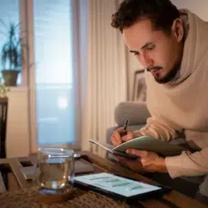 Man in beige hoodie writing in notebook at a wooden table with a tablet and glass of water.