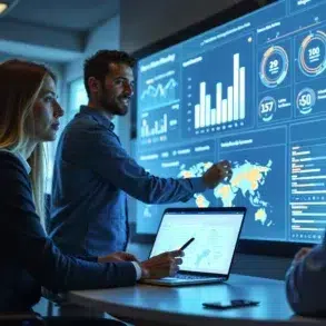 Three business professionals analyze data charts and a world map displayed on a large digital screen and a laptop in a modern office.