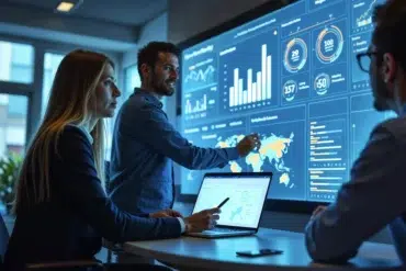 Three business professionals analyze data charts and a world map displayed on a large digital screen and a laptop in a modern office.