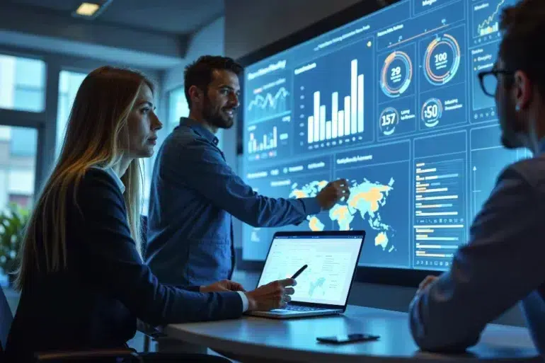 Three business professionals analyze data charts and a world map displayed on a large digital screen and a laptop in a modern office.