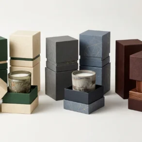 Three sets of stacked, textured rectangular boxes in green, cream, gray, and burgundy, with two open boxes displaying candles and one wooden vessel on a white background.