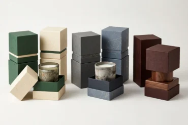 Three sets of stacked, textured rectangular boxes in green, cream, gray, and burgundy, with two open boxes displaying candles and one wooden vessel on a white background.