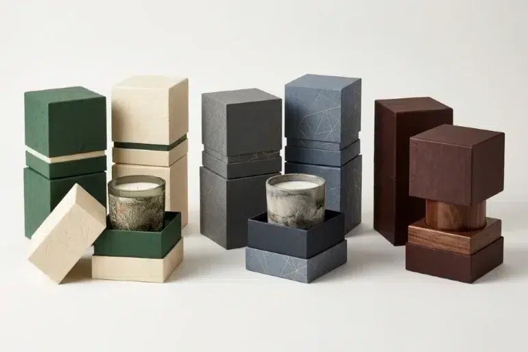 Three sets of stacked, textured rectangular boxes in green, cream, gray, and burgundy, with two open boxes displaying candles and one wooden vessel on a white background.