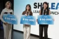 Three young women stand with signs announcing "SHELEADS LEARN, LAUNCH, LEAD" and "€60 000".