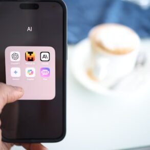A person holds a smartphone displaying an "AI" folder with various app icons. In the blurred background, a cup of coffee sits on a table, creating a casual tone.