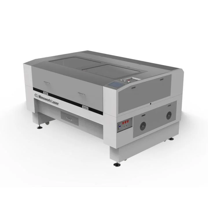 Industrial CO₂ laser cutting and engraving machine with a gray enclosed cabinet, dual work areas, control panel, and adjustable support feet.