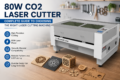 Promotional graphic for an 80W CO2 Minowork laser cutter, showing the machine beside engraved wood and acrylic samples with text highlighting precision, material versatility, durability, and efficiency.