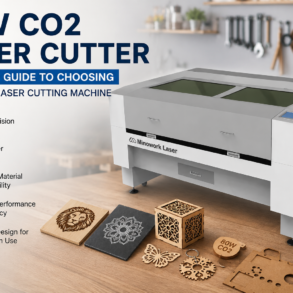 Promotional graphic for an 80W CO2 Minowork laser cutter, showing the machine beside engraved wood and acrylic samples with text highlighting precision, material versatility, durability, and efficiency.