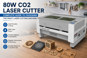 Promotional graphic for an 80W CO2 Minowork laser cutter, showing the machine beside engraved wood and acrylic samples with text highlighting precision, material versatility, durability, and efficiency.