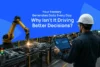 A factory robot welds metal parts as a worker in a hard hat views tablet data; text asks, “Why Isn’t It Driving Better Decisions?”