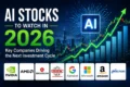 Graphic reading “AI Stocks to Watch in 2026,” featuring an AI chip, rising stock charts, city skyline, and logos for NVIDIA, AMD, Broadcom, TSMC, Alphabet, Microsoft, Amazon, and Micron.
