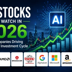 Graphic reading “AI Stocks to Watch in 2026,” featuring an AI chip, rising stock charts, city skyline, and logos for NVIDIA, AMD, Broadcom, TSMC, Alphabet, Microsoft, Amazon, and Micron.