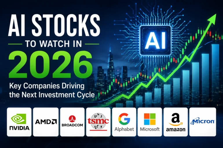 Graphic reading “AI Stocks to Watch in 2026,” featuring an AI chip, rising stock charts, city skyline, and logos for NVIDIA, AMD, Broadcom, TSMC, Alphabet, Microsoft, Amazon, and Micron.