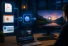 Person editing a scenic lake video on a laptop while a monitor displays the same video, with document, presentation, and image icons linked to an AI logo.