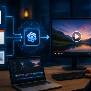 Person editing a scenic lake video on a laptop while a monitor displays the same video, with document, presentation, and image icons linked to an AI logo.