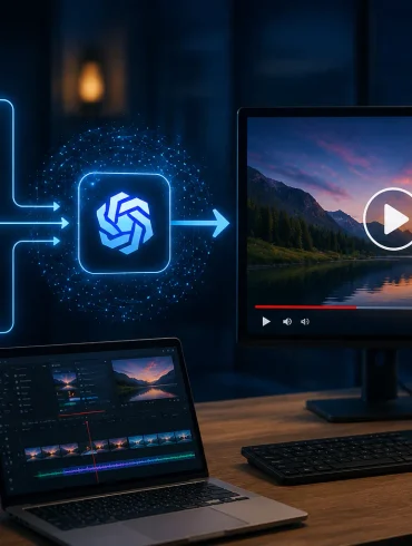Person editing a scenic lake video on a laptop while a monitor displays the same video, with document, presentation, and image icons linked to an AI logo.