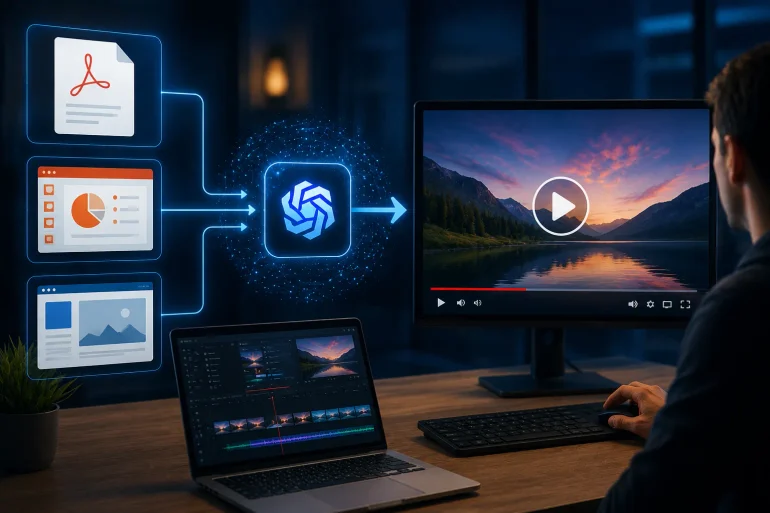 Person editing a scenic lake video on a laptop while a monitor displays the same video, with document, presentation, and image icons linked to an AI logo.