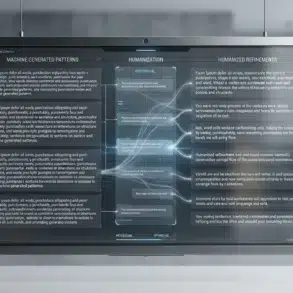 A suspended computer monitor displays a flowchart titled “Machine Generated Patterns,” “Humanization,” and “Humanized Refinements,” with connected text boxes.