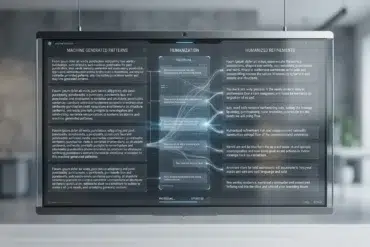 A suspended computer monitor displays a flowchart titled “Machine Generated Patterns,” “Humanization,” and “Humanized Refinements,” with connected text boxes.