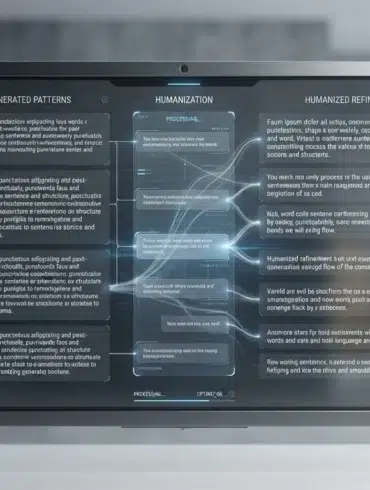 A suspended computer monitor displays a flowchart titled “Machine Generated Patterns,” “Humanization,” and “Humanized Refinements,” with connected text boxes.