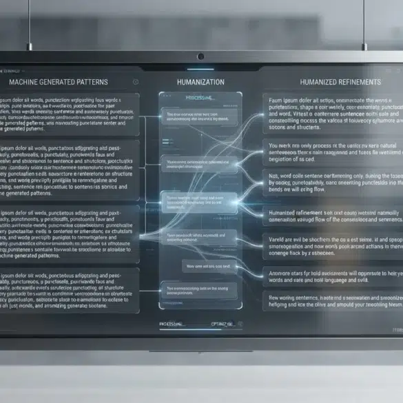 A suspended computer monitor displays a flowchart titled “Machine Generated Patterns,” “Humanization,” and “Humanized Refinements,” with connected text boxes.