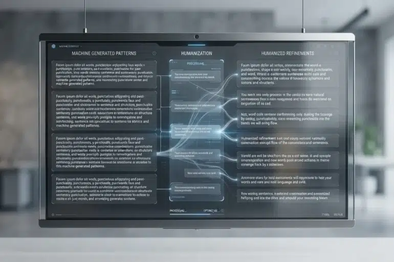 A suspended computer monitor displays a flowchart titled “Machine Generated Patterns,” “Humanization,” and “Humanized Refinements,” with connected text boxes.