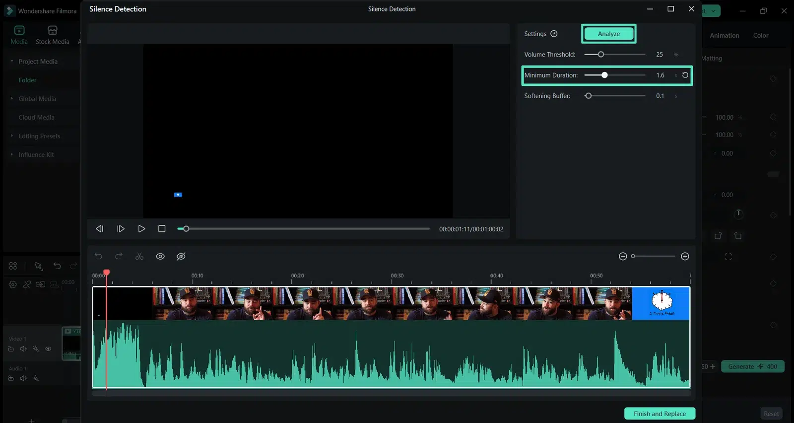 Video editing software displays a “Silence Detection” panel with adjustable settings above a timeline showing speaker thumbnails and an audio waveform.