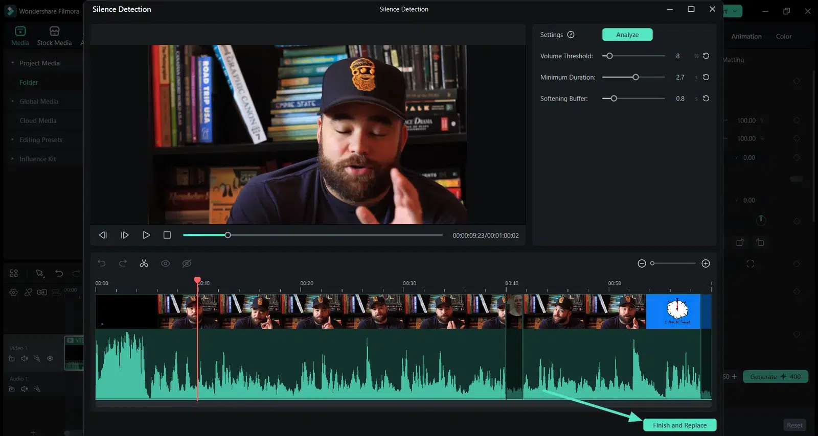 Video editing software shows a bearded man speaking before a bookshelf, with a timeline, audio waveform, and “Silence Detection” settings open.
