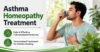 Promotional graphic for asthma homeopathy treatment featuring a man using an inhaler beside text highlighting safe, personalized medicines and holistic healing.