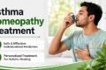 Promotional graphic for asthma homeopathy treatment featuring a man using an inhaler beside text highlighting safe, personalized medicines and holistic healing.