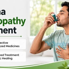Promotional graphic for asthma homeopathy treatment featuring a man using an inhaler beside text highlighting safe, personalized medicines and holistic healing.