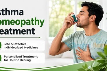 Promotional graphic for asthma homeopathy treatment featuring a man using an inhaler beside text highlighting safe, personalized medicines and holistic healing.