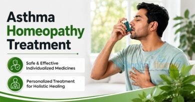 Promotional graphic for asthma homeopathy treatment featuring a man using an inhaler beside text highlighting safe, personalized medicines and holistic healing.