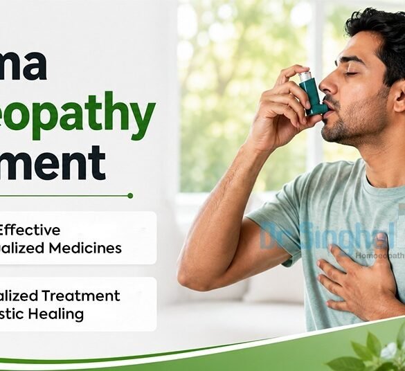 Promotional graphic for asthma homeopathy treatment featuring a man using an inhaler beside text highlighting safe, personalized medicines and holistic healing.