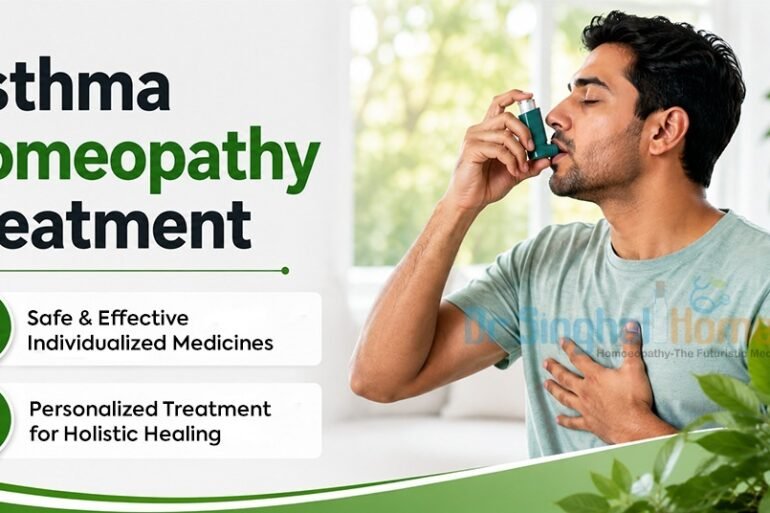 Promotional graphic for asthma homeopathy treatment featuring a man using an inhaler beside text highlighting safe, personalized medicines and holistic healing.
