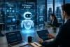 A glowing AI robot labeled “AI” stands above a conference table, surrounded by workflow, analysis, execution, integration, and decision-making diagrams.