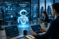 A glowing AI robot labeled “AI” stands above a conference table, surrounded by workflow, analysis, execution, integration, and decision-making diagrams.