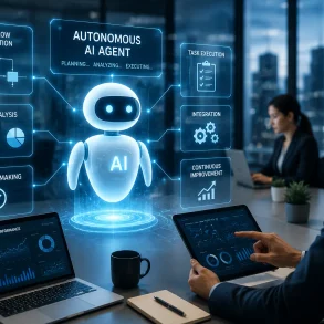 A glowing AI robot labeled “AI” stands above a conference table, surrounded by workflow, analysis, execution, integration, and decision-making diagrams.