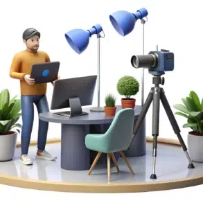 A man holding a laptop stands beside a desk with a monitor, studio lights, a camera on a tripod, plants, and a chair.