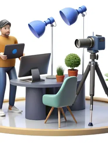 A man holding a laptop stands beside a desk with a monitor, studio lights, a camera on a tripod, plants, and a chair.