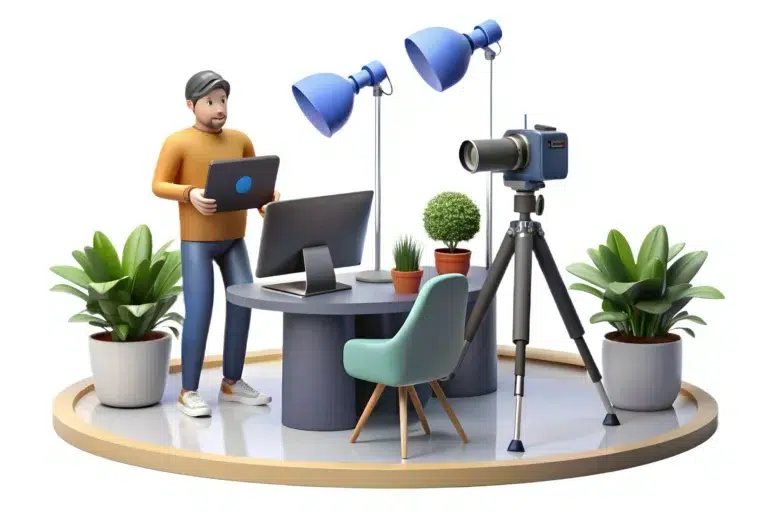 A man holding a laptop stands beside a desk with a monitor, studio lights, a camera on a tripod, plants, and a chair.